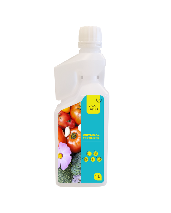1-Liter-Flasche der Marke Viva fertis mit komfortablem Dosierer für flüssigen Universaldünger NPK 7-5-6 mit Spurenelementen für alle Pflanzen.