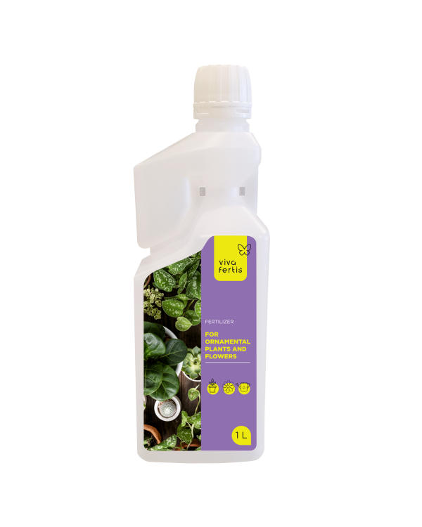 Vivafertis prekės ženklo NPK 10-7-5 skystų trąšų su mikroelementais 1 litro buteliukas su patogiu dozatoriumi dekoratyviniams augalams ir gėlėms.